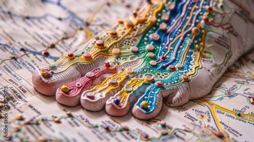 A detailed shot of a reflexology foot chart with each reflex point intricately labeled and colorcoded to represent the corresponding body part or organ. photo