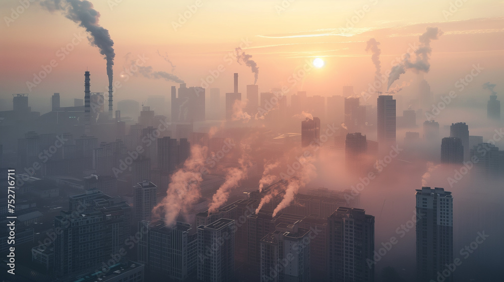 Urban Sunset and Sunrise - City Skyline with Industry and Pollution