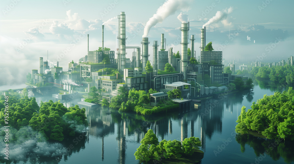 A digital artwork showing a industry transforming into a green, sustainable industrial estate with renewable energy sources - obrazy, fototapety, plakaty 