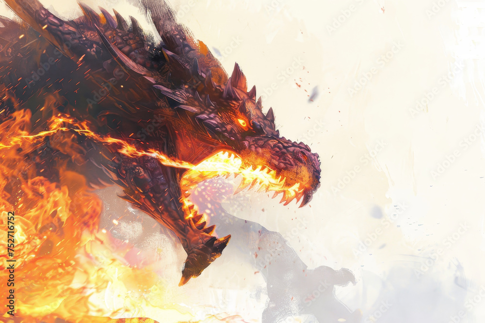Fototapeta premium A fire-breathing dragon, flames licking its maw, prepares to unleash its fury.