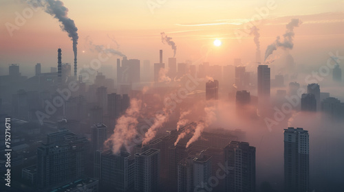 Urban Sunset and Sunrise - City Skyline with Industry and Pollution