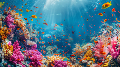 Tropical coral reef teeming with colorful marine life in the depths of the ocean