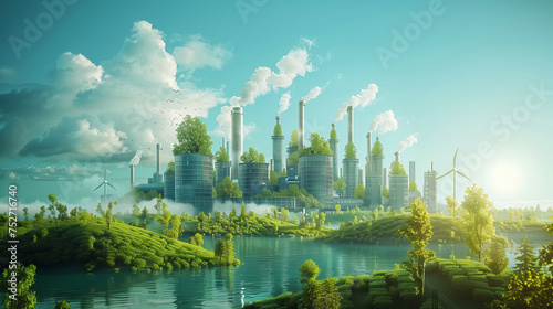 A digital artwork showing a industry transforming into a green, sustainable industrial estate with renewable energy sources