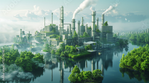 A digital artwork showing a industry transforming into a green, sustainable industrial estate with renewable energy sources photo