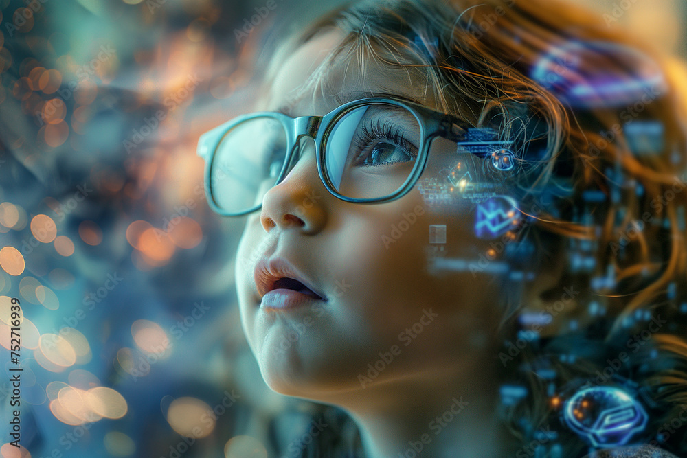 Child with Glasses Marveling at Holographic Data - The Wonder of Future Technology Child with Glasses Marveling at Holographic Data - The Wonder of Future Technology