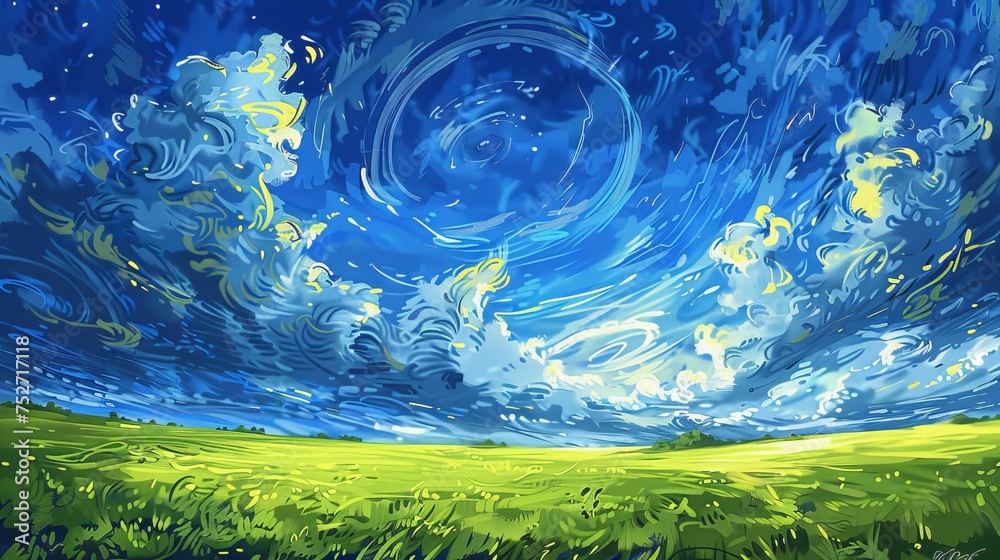 vivid landscape painting that beautifully illustrates the dance of the wind across a green field and the movement of clouds in the sky vivid landscape painting that beautifully illustrates the dance of the wind across a green field and the movement of clouds in the sky