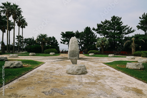 The park at Jungmun Daepo Coast Jusangjeolli Cliff, Jeju Island, South Korea. photo