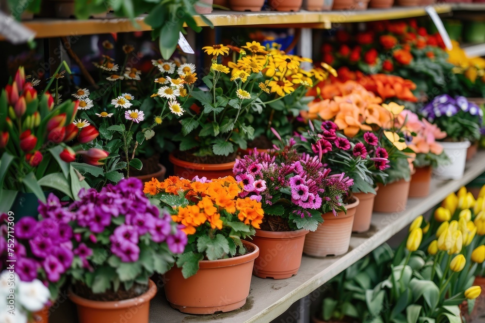 Many colorful blooming flowers in pots are displayed on shelf in floristic store or at street market. Spring planting.