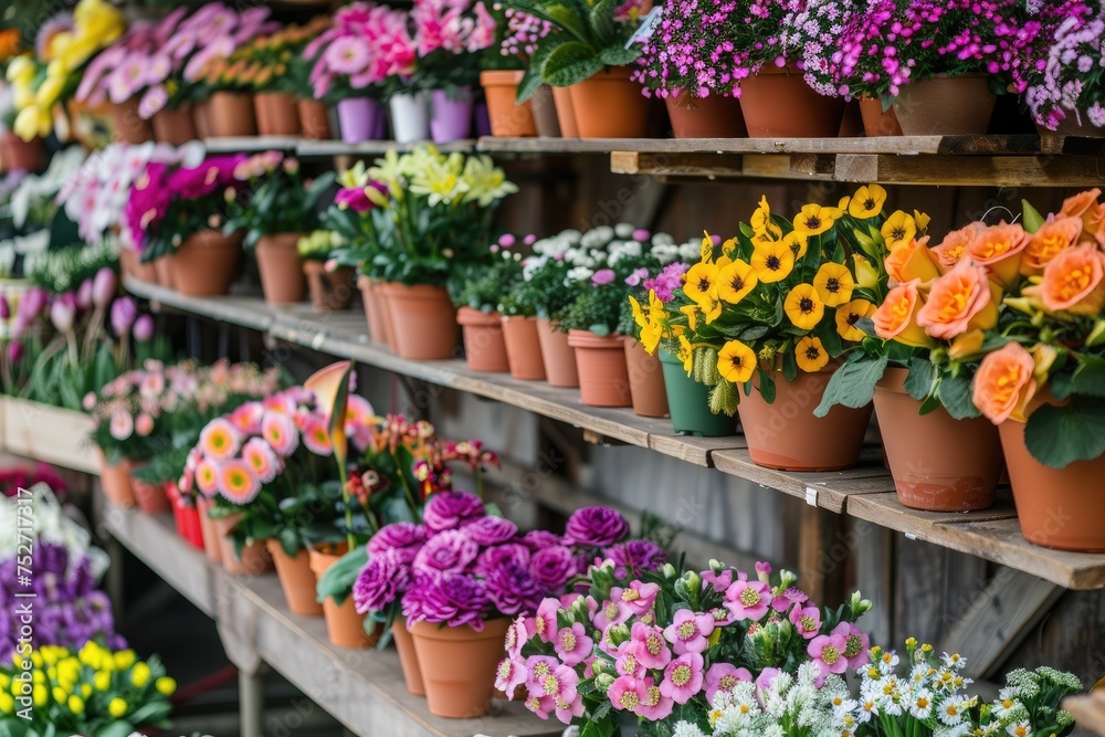 Many colorful blooming flowers in pots are displayed on shelf in floristic store or at street market. Spring planting.