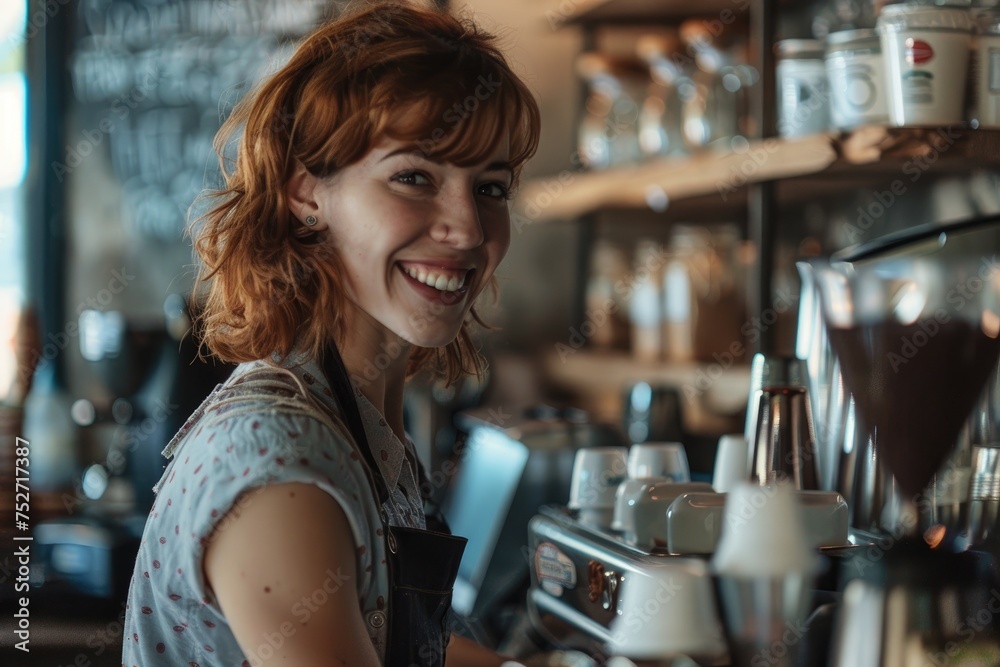 Beautiful female barista and smiles while working behind the bar counter in a cafe.