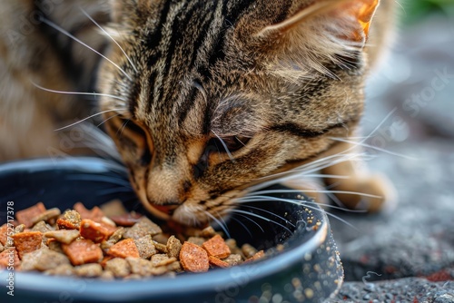 Close-up of cat eating dry food from bowl.