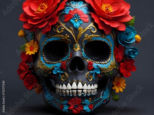 3D, a full-face black skull with red flower in eyes, decorated with blue red yellow green Mexican holiday paints, on a grey background Generative AI
