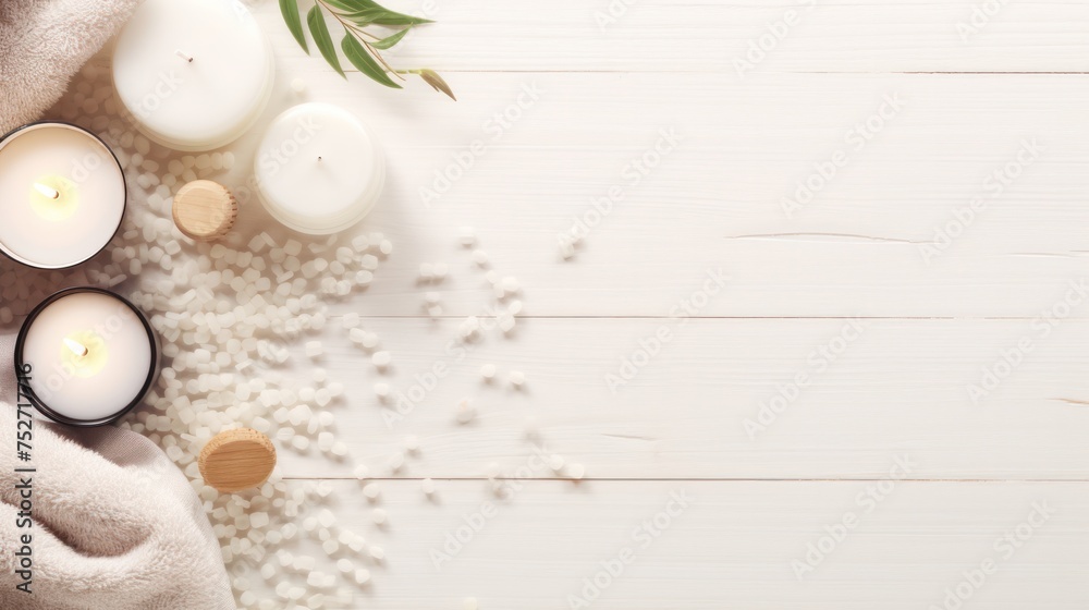 Beautiful spa treatment composition such as Towels, candles, essential oils, Massage Stones on light wooden background. blur living room, natural creams and moisturizing Healthy lifestyle, body care Beautiful spa treatment composition such as Towels, candles, essential oils, Massage Stones on light wooden background. blur living room, natural creams and moisturizing Healthy lifestyle, body care