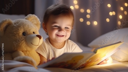 Happy children relax read book at home. Child and reading a story. learn development, childcare, laughing, education, storytelling, practice, reduce addiction mobile phone, love book photo