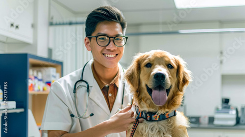 Young Veterinarian in Glasses Petting a Noble Healthy Golden Retriever Pet in a Modern Veterinary Clinic. Handsome Man Looking at Camera and Smiling Together with the Dog