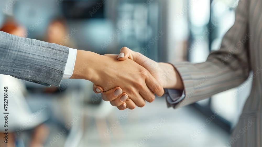 shaking hands and thank you handshake of a corporate worker in a office. Business deal, partnership and we are hiring gesture with a female hr manager ready for onboarding welcome with trust