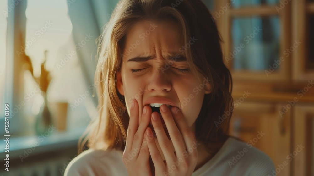woman feel toothache from gingivitis, female suffer tooth, decay problems, dental care. sensitive tooth, decay problem, bad breath, Gingival Recession, Oral Hygiene instruction woman feel toothache from gingivitis, female suffer tooth, decay problems, dental care. sensitive tooth, decay problem, bad breath, Gingival Recession, Oral Hygiene instruction