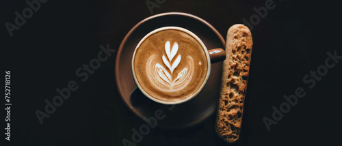 Banner size, directly above a coffee cup assortment with creative foam art, cappuccino, mocha, latte with frothy foam, hot coffee, dark background