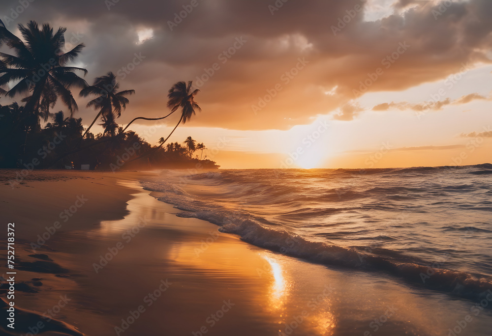 Tropical beach sunset with palm trees and golden sky reflecting on the ocean waves.