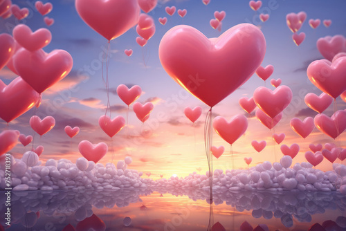 A whimsical sky filled with heart-shaped balloons  reflecting love s infinite possibilities through AI Generative.