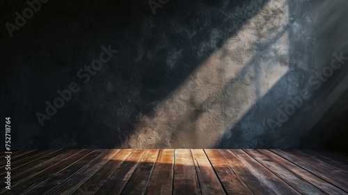 Empty light dark wall with beautiful chiaroscuro and wooden floor. Minimalist background for product presentation, mock up., AI Generative