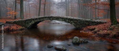An ancient stone bridge in the autumn forest. Generated AI 