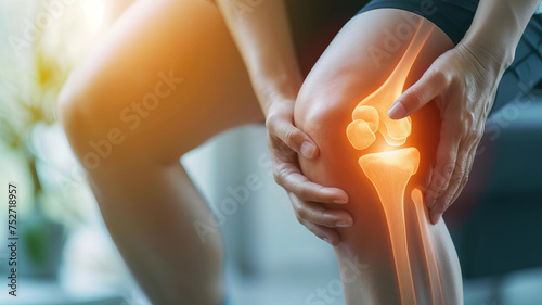 Close-up of a knee pain, glowing with discomfort, highlighting the need for medical attention AI Generative.