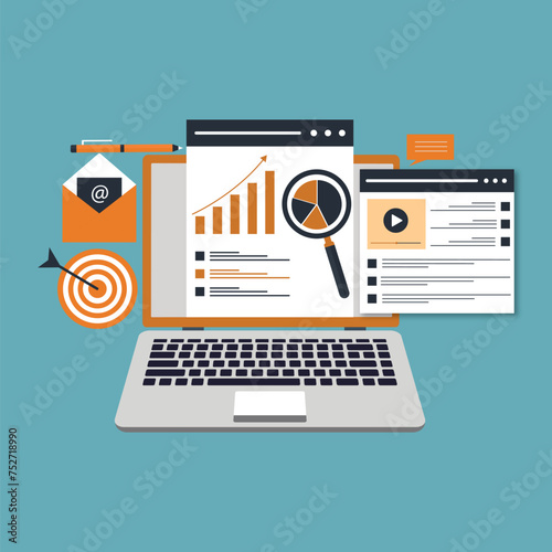 SEO analytics - Web browser window with search engine optimisation graphs, charts and diagrams showing growth and positive results. Semi flat design vector illustration 
