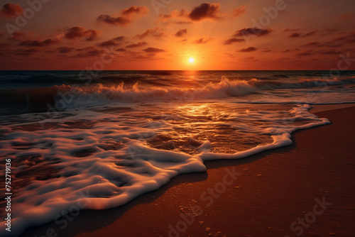 On the beach at dusk, the sun is setting and the waves are crashing on the beach, Polarizing Filters,  AI Generative photo