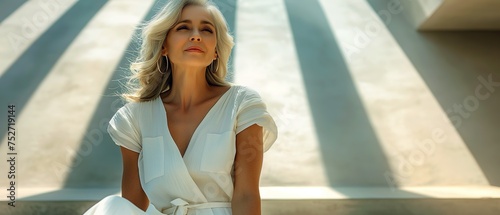 Woman in a white dress in a modern interior. Generated AI
 