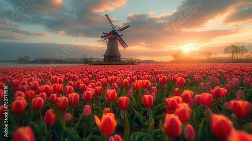 Windmill in Holland Michigan - An authentic wooden windmill from the Netherlands rises behind a field of tulips in Holland Michigan at Springtime. High quality photo. High quality photo