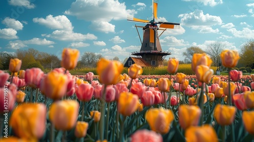 Windmill in Holland Michigan - An authentic wooden windmill from the Netherlands rises behind a field of tulips in Holland Michigan at Springtime. High quality photo. High quality photo #752719557