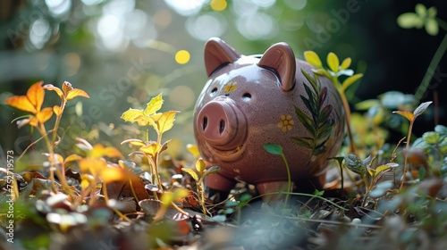 shot of a piggy bank against a background of growing plants, symbolizing the nurturing aspect of disciplined savings and financial growth