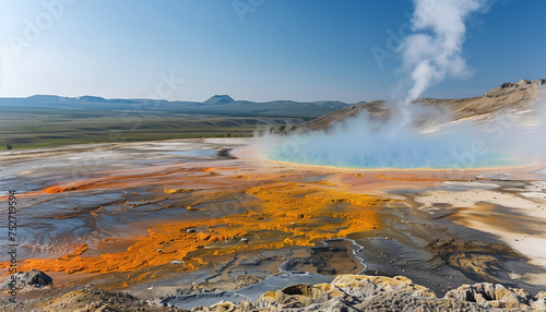 A hot spring steams against a backdrop of mountains, its vivid orange and blue colors showing the presence of minerals and bacteria in a serene, geothermal landscape