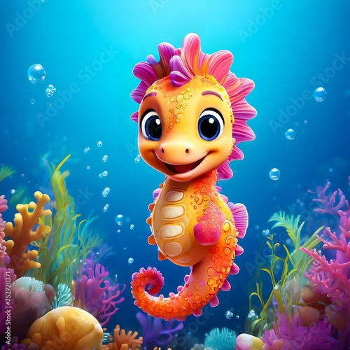 A cute smiling baby seahorse in a beautiful underwater environment with colourful corals and sea plants, cartoon, for kids, children's items and occasions, generative AI. photo