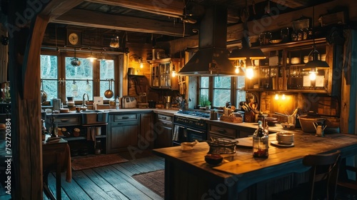 the charm of a rustic kitchen illuminated by the soft glow of pendant lights, enhancing the homey feel