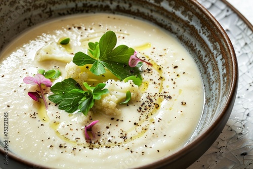 A Bowl of Soup With Garnish on Top photo