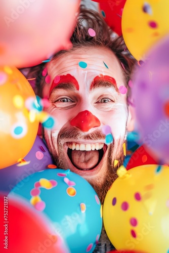 Joyful Clown Surrounded by Colorful Balloons Celebrating at a Festive Event