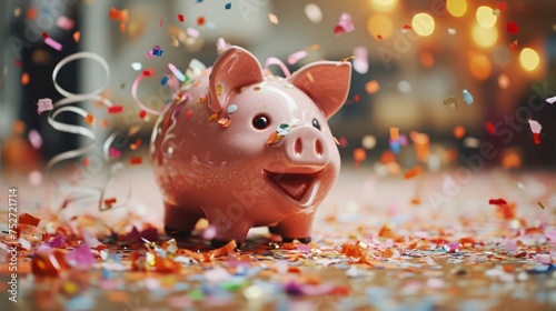 the excitement of reaching a savings goal with an image of a piggy bank being celebrated, confetti and streamers adding a festive touch