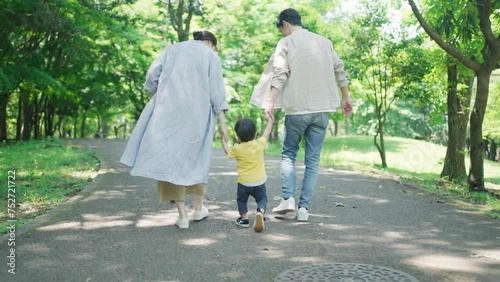 手を繋いで公園を歩く家族 photo