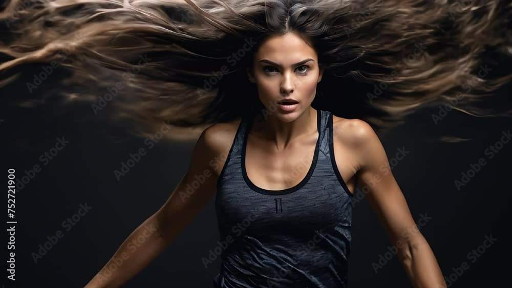 Beautiful brunette girl in gray sports top with developing long hair running on black background in studio. Super model in sports commercial Beautiful brunette girl in gray sports top with developing long hair running on black background in studio. Super model in sports commercial