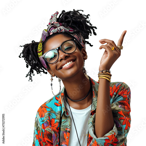 Portrait of black young woman happy smiling with hands pointing, Posing surprised expression attractive cheerful, isolated on white background, png photo