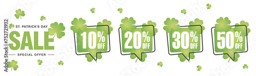 Saint Patrick's Day Sale special offer 10 20 30 50 percent off green clover negative space discount numbers stickers white background