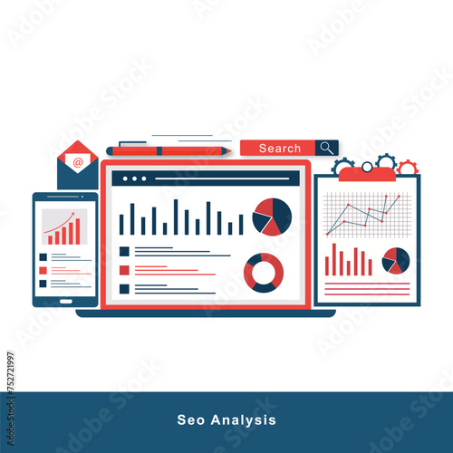 SEO analytics - Web browser window with search engine optimisation graphs, charts and diagrams showing growth and positive results. Semi flat design vector illustration 