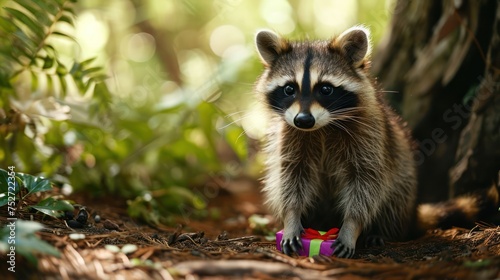 the joyous scene of a baby raccoon discovering a birthday present in a woodland area, with lush greenery and trees
