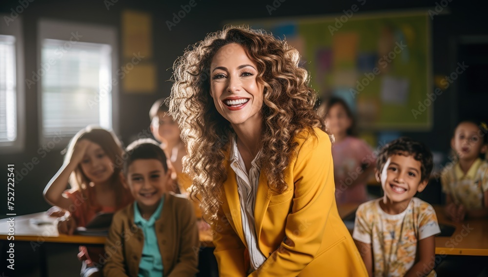 A teacher stands proudly surrounded by her diverse elementary school students, a beautiful tapestry of backgrounds, cultures, and potential A teacher stands proudly surrounded by her diverse elementary school students, a beautiful tapestry of backgrounds, cultures, and potential