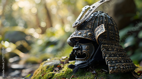 a helmet in the forest, a helmet on a stone surface