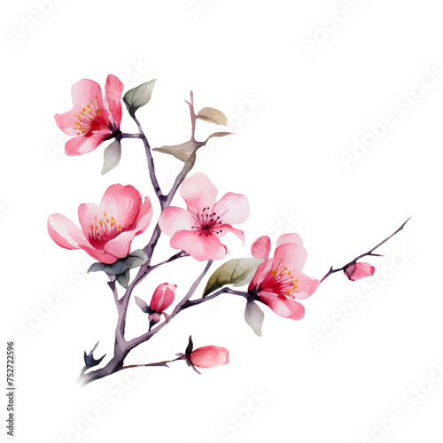 Sakura on branches tree. Watercolor illustration blossoming cherry isolated on white and transparent background design element  romantic symbol spring.