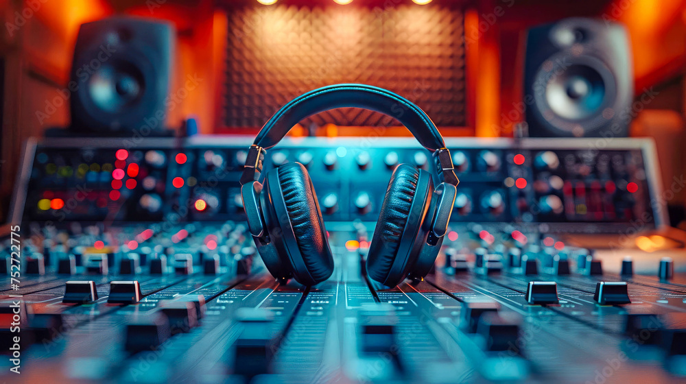 Headphones on sound mixer. Music concept - obrazy, fototapety, plakaty 