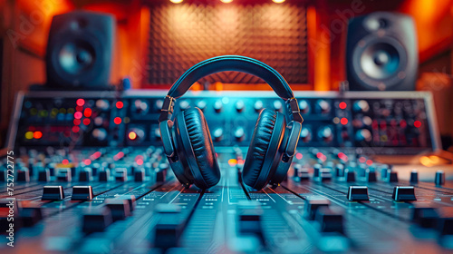 Headphones on sound mixer. Music concept photo